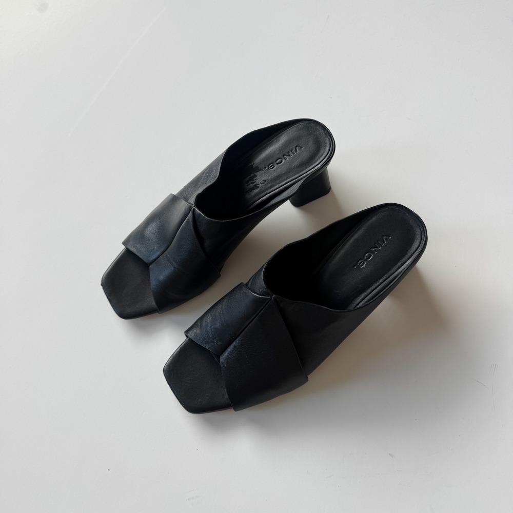 Vince Black Leather Square Toe Block Heel Mules Sandals 7.5M Minimal - Picture 2 of 5